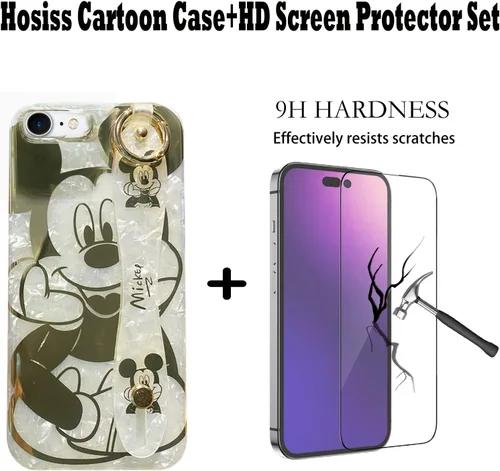 Vista 2 de Funda de dibujos animados para iPhone 7/8/SE de 4.7" con protector de pantalla HD, Mickey Mouse con correa de muñeca, soporte, cadena de metal