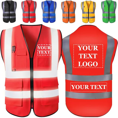 Vista 10 de Chaleco de seguridad personalizado con logotipo, texto, nombre, alta visibilidad, bolsillos y cremallera, a granel para mujeres y hombres Class 2