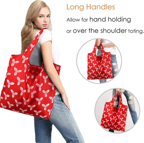 Vista 8 de BeeGreen Bolsas de comestibles reutilizables de Navidad con bolsa de almacenamiento con cremallera, paquete de 10 bolsas de compras reutilizables a
