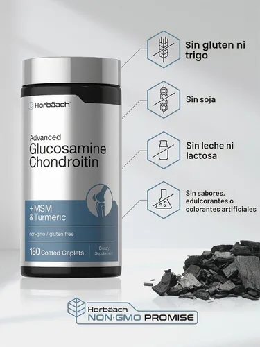 Vista 5 de Horbäach Glucosamina Condroitina Más MSM y Cúrcuma 180 Cápsulas Recubiertas Suplemento Sin OGM, Sin Gluten Suplemento sin OMG, sin gluten