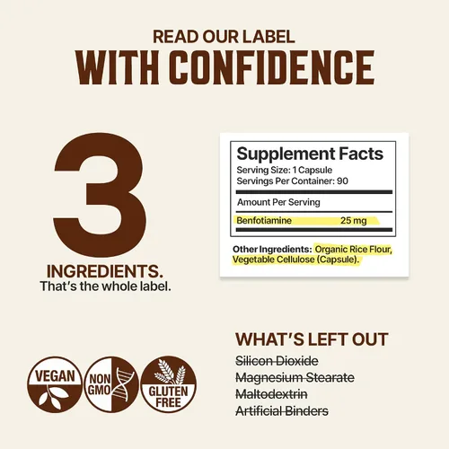 Vista 4 de Benfotiamina 25mg - Suplemento de vitamina B1 biodisponible - 90 cápsulas veganas - Vegano, sin OMG