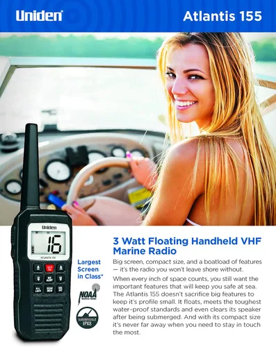 Vista 3 de Uniden Atlantis 155 - Radio marina VHF bidireccional portátil, flotante IPX8 sumergible impermeable, pantalla de doble color, todos los canales