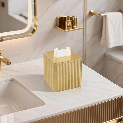 Vista 2 de Funda de Caja de Paños de Cuero PU Cuadrada, Soporte de Caja de Paños Rectangular con Cierre Magnético, Soporte de Paños Decorativo para Baño Dorado