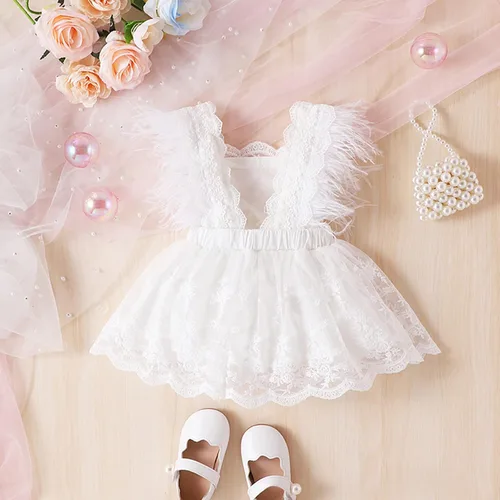 Vista 3 de Vestido de encaje para niñas pequeñas, vestido de encaje con bordado floral, manga de plumas, tul tutú, vestido de fiesta acampanado