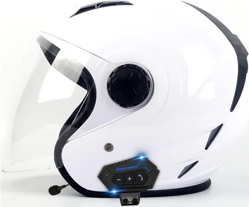 Vista 9 de Casco Bluetooth para motocicleta 3/4, casco retro abierto con visera solar, casco de moto Jet para hombres y mujeres adultos, casco aprobado por DOT