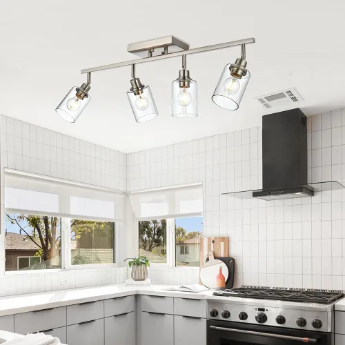 Vista 2 de Lámpara de tocador de 4 luces para baño en acabado de níquel cepillado, lámpara clásica con cabezal de luz giratoria, lámpara de techo de metal