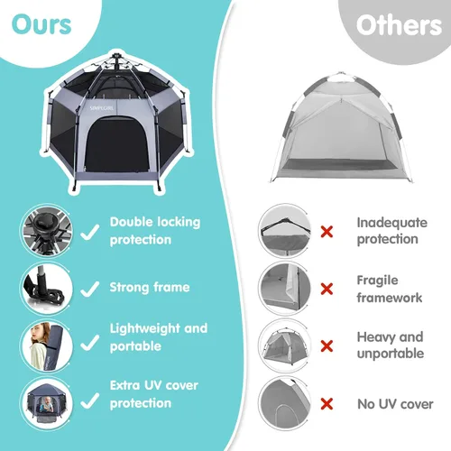 Vista 6 de Corralito para bebés de alta calidad para puerta y exterior, portátil, ligero, paquete desplegable y patio de juegos con toldo y bolsa de viaje, Gris