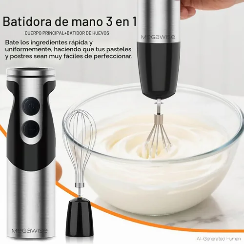 Vista 6 de Megawise Batidora de Mano de Alta Potencia – 400W de Potencia Máxima con Accesorios Versátiles 3 en 1 (Eje Mezclador, Batidor, Picadora); Diseño