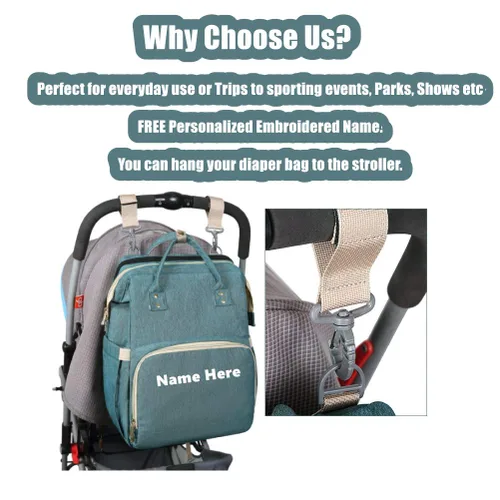 Vista 5 de Bolsa de pañales personalizada con nombre bordado para mamá, mochila extragrande, plegable, elástica