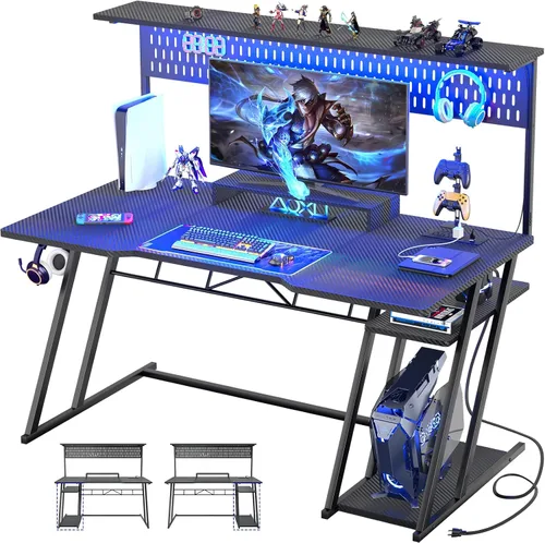 Vista 9 de Escritorio para computadora de juegos Armocity con estantes y tomas de corriente, escritorio de juegos con alacena y luces LED, escritorios de Negro