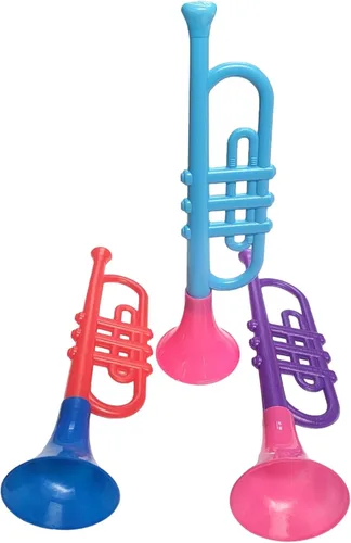 Vista 5 de Trompetas de plástico coloridas (13 pulgadas) juguetes musicales para niños, instrumentos para hacer ruido para fiestas y eventos, recuerdos