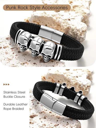 Vista 3 de Pulseras de cuero trenzado de calavera gótica para hombres y mujeres, acero inoxidable 316L, chapado en oro de 18 quilates, pulsera de cuero tejida