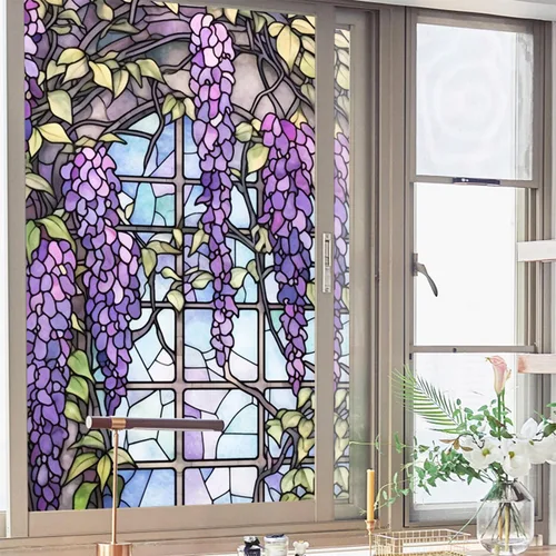 Vista 3 de Película de Ventana de Vidrio Emplomado Wisteria Esmerilada, Adhesivo Estático Engrosado para Ventana, Adhesivo de Ventana No Adhesivo