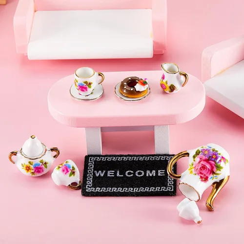 Vista 4 de Skylety Juego de tazas de té para casa de muñecas 1:12, accesorios de porcelana en miniatura, 8 piezas de porcelana en miniatura, diseño de flores