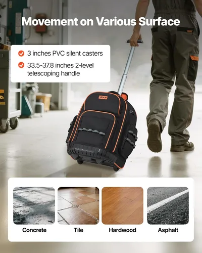 Vista 4 de VEVOR Mochila para herramientas rodantes, capacidad de carga de 110 libras, 45 bolsillos, bolsa de herramientas resistente sobre ruedas, mango