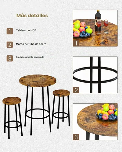 Vista 5 de Recaceik Juego de comedor de 3 piezas, mesa de bar moderna y taburetes para 2 encimeras de cocina, parte superior de madera, fácil de montar