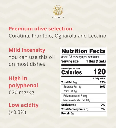 Vista 9 de Aceite de Oliva Virgen Extra con infusión de albahaca y mezcla clásica rica en polifenoles. Aceites de oliva totalmente naturales, 100% italianos.