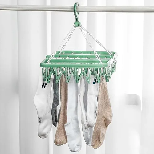 Vista 6 de Percha para secar ropa con 32 pinzas y percha plegable para colgar (Verde Claro)