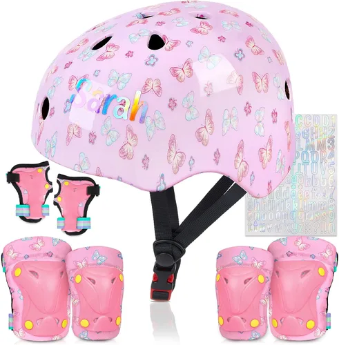 Vista 16 de Casco para niños, casco de bicicleta para niños pequeños con pegatinas DIY Unicornio, rodilleras y coderas ajustables, juego de protección para Rosa