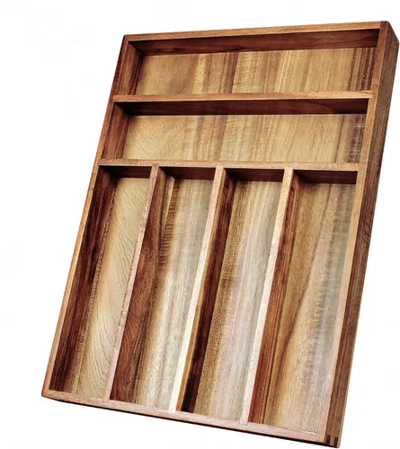 Vista 9 de KITEISCAT Organizador de cubiertos de madera de acacia, organizador de cajones de utensilios de cocina para tenedores, cuchillos y cucharas, bandeja