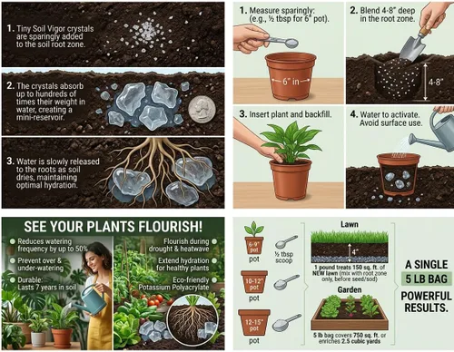 Vista 8 de Cristales de almacenamiento de agua (1 libra) – Hidrogel de polímero súper absorbente para jardines, césped y plantas en maceta, reduce el riego
