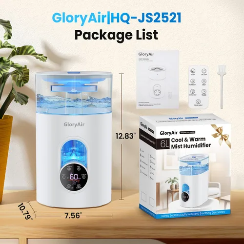Vista 9 de Humidifiers for Bedroom Large Room Home - GloryAir 6L Quiet Top Fill Cool & Warm Mist Humidifier with Smart Humidity Control, Remote Control, White