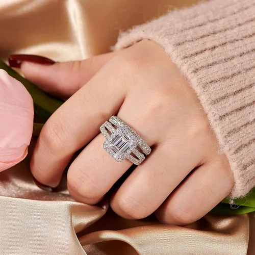 Vista 3 de Wuziwen Juego de anillos de compromiso de plata de ley de 4 quilates con corte esmeralda para mujer, talla 5-10