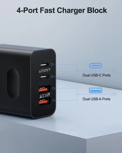 Vista 2 de [Paquete de 2] Bloque de cargador USB C, cargador de pared USBC de 40 W, 4 puertos, carga rápida, adaptador de corriente USB-C dual + enchufe
