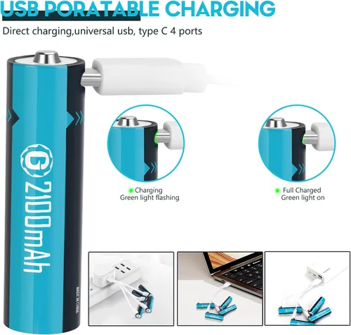 Vista 5 de Baterías de litio recargables USB de 1.5 V, tamaño AA, batería doble A de larga duración, 2100 mAh con cable de carga, paquete de 4
