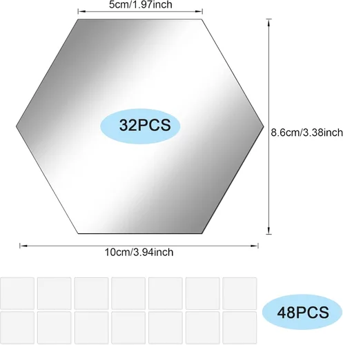 Vista 2 de Jetec 32 piezas de espejo hexagonal de 2 x 3.4 x 4 pulgadas, espejo de pared de vidrio autoadhesivo a granel, vidrio de pared plano flexible