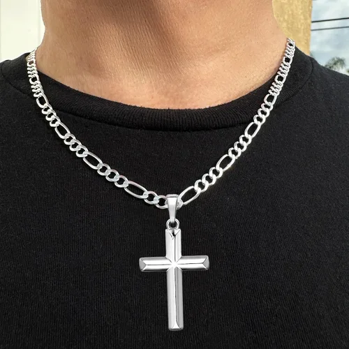 Vista 2 de Collar de cadena italiana con colgante de cruz de plata esterlina para hombre
