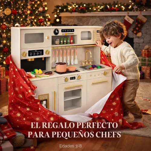 Vista 7 de Juego de cocina para niños, juego de cocina de juguete de madera con electrodomésticos y almacenamiento inteligente, juego de cocina para niños