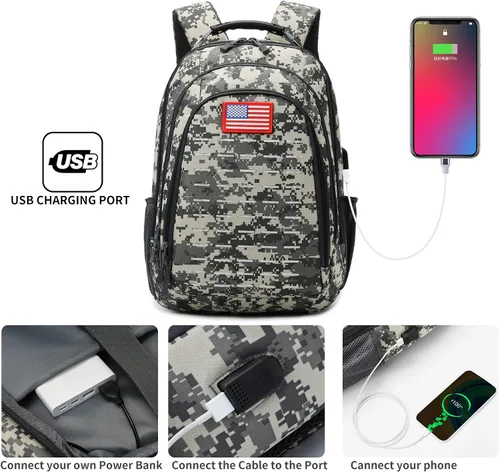 Vista 3 de Mochila de camuflaje, pequeña mochila táctica para exteriores, mochilas militares para niños adolescentes para la escuela con puerto de carga USB
