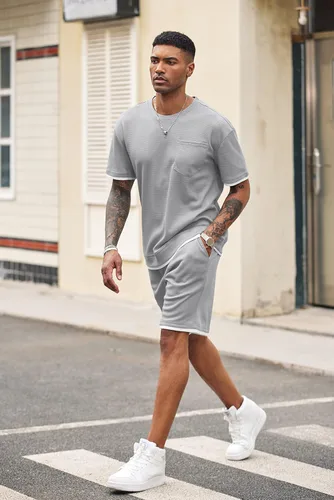 Vista 20 de COOFANDY Conjunto de camisa y pantalones cortos de gofre para hombre, conjunto de 2 piezas, conjunto casual de verano con bolsillos