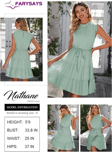 Vista 4 de FARYSAYS - Vestido corto sin mangas, con volados, cuello redondo y lazo en la cintura para mujer vestido casual corto con falda estilo campana