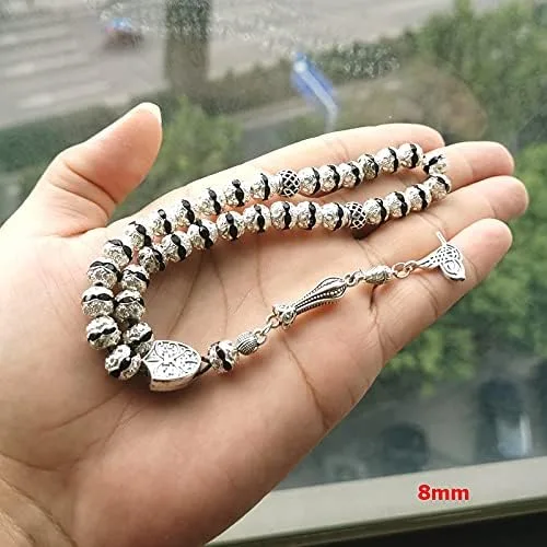 Vista 3 de Las mujeres Tasbih metal color plata rosario cuentas incrustadas cristal negro musulmán misbaha (0.315 in x 33 cuentas)