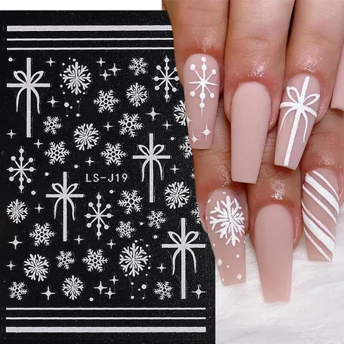 Vista 7 de 6 hojas de calcomanías de uñas de copo de nieve plateado con purpurina 3D, autoadhesivas, diseño de uñas de invierno, diseño de uñas de reno, copos