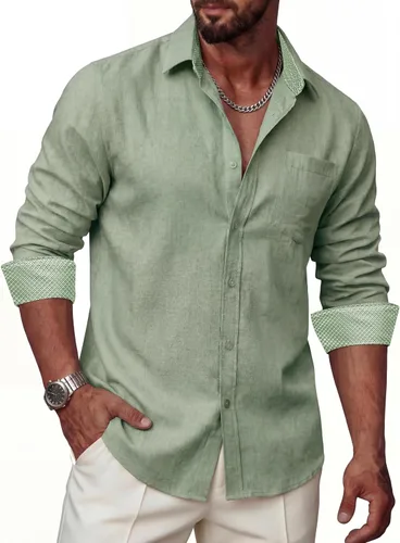 Vista 16 de Camisas de lino para hombre, casual, de manga larga, con botones, ajuste regular, cuello en contraste, con bolsillo