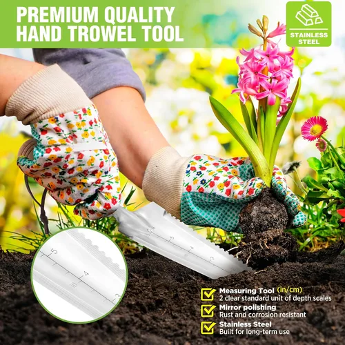 Vista 6 de WORKPRO Paleta de jardín con mango de madera, pala de mano estrecha de acero inoxidable, paleta de jardín plana multiusos para plantar, deshierbar