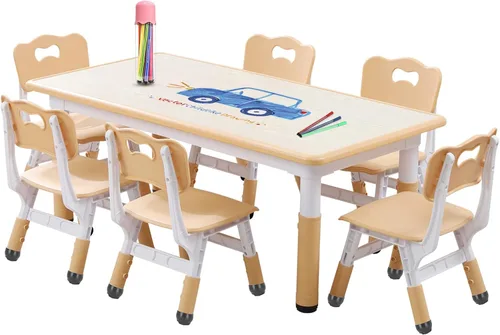 Vista 10 de Juego de mesa y silla para niños, altura ajustable, juego de mesa y silla para niños pequeños y 6 sillas con escritorio a prueba de grafiti, patas