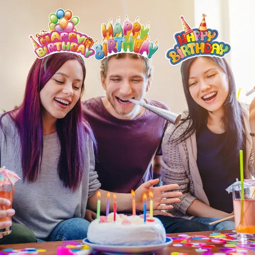 Vista 5 de KKBES Diademas de feliz cumpleaños, sombreros de papel para fiesta de cumpleaños, 3 patrones para niños y adultos que celebran cumpleaños