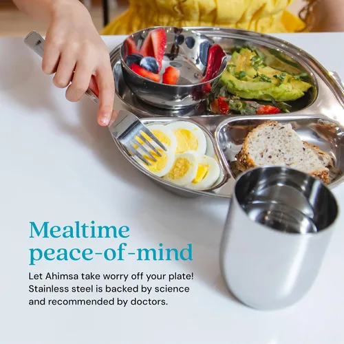 Vista 10 de Ahimsa Plato de Acero Inoxidable para Niños, Platos Divididos para Niños Pequeños y Bebés Diseñados por Pediatras, No Tóxico, Irrompible y Apto
