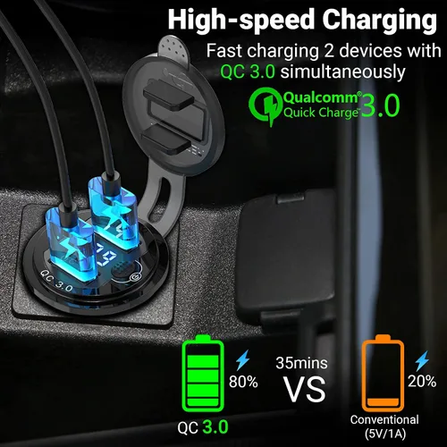 Vista 2 de Paquete de 2 salidas USB de 12 V, carga rápida dual 3.0, cargador de aluminio impermeable con voltímetro LED e interruptor de alimentación