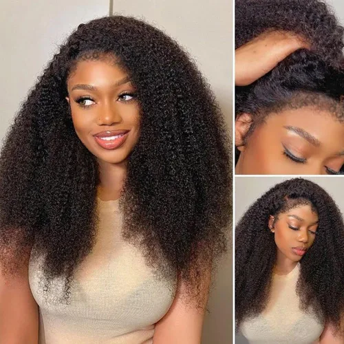 Vista 18 de Peluca negra Kinkycurly con borde 4C, cabello humano 4x4 HD encaje afro rizado cierre peluca para mujeres negras encaje precortado sin pegamento
