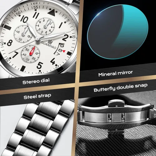 Vista 6 de GUANHAO Silver Watches for Men, Fashion Stainless Steel Watch Waterproof Chronograph Calendar Multifunction Casual Quartz Watches with BlackWhite
