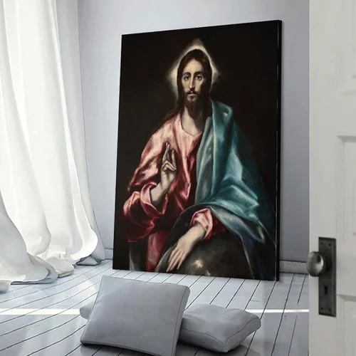 Vista 3 de El Greco - Póster de Salvator Mundi El Salvador de El Salvador, pintura decorativa en lienzo, arte de pared, para sala de estar, dormitorio, 12 x 18