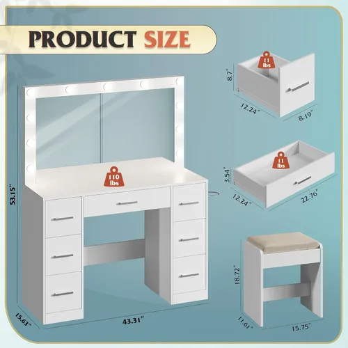 Vista 7 de WLIVE Escritorio de tocador con estación de carga, mesa de maquillaje con espejo iluminado y brillo ajustable, tocador blanco con 7 cajones