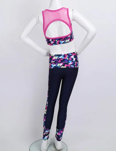 Vista 13 de JEATHA Conjunto de camiseta sin mangas con pantalones para niñas y niñas, para gimnasia, yoga, entrenamiento, ropa deportiva