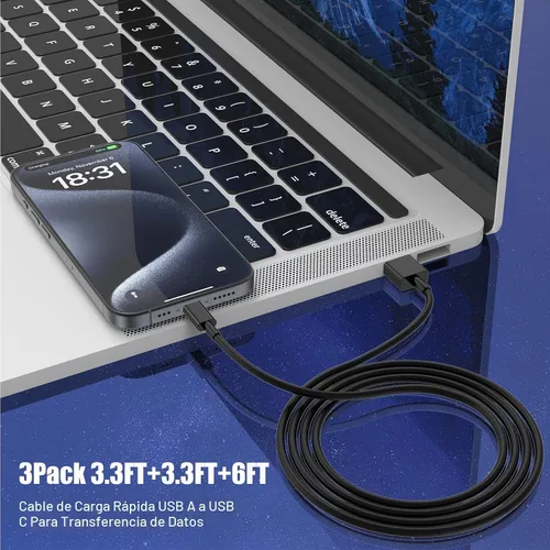 Vista 4 de Paquete de 3 cables negros [3.3 pies+3.3 pies + 6 pies] USB A a USB C, cable USB a USB C Carplay para iPhone 16 15 Pro Plus Pro Max, para iPad