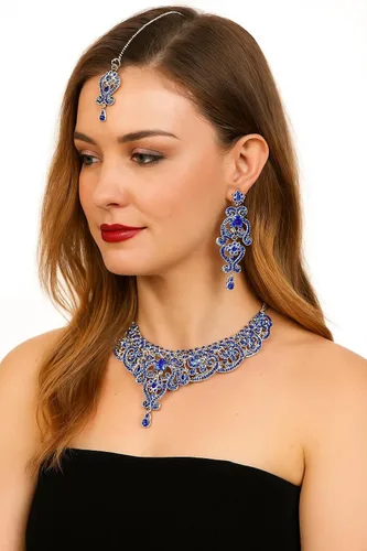 Vista 141 de Conjunto precioso de collar con look real Indian Bollywood, maravillosamente decorado, conjunto de collar adornado para mujer.